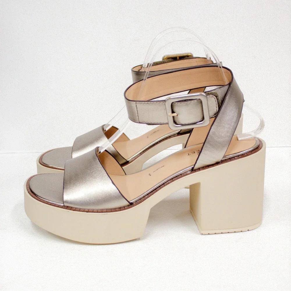 Naked Feet Iconoclast Silver Leather Platform Block Heel Sandals 8.5M